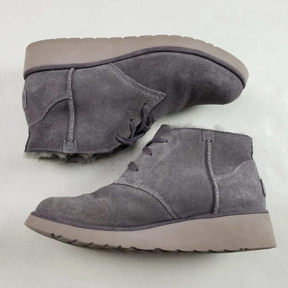 Ugg Koolaburra Suede Ankle Boot Women 8 Gray Faux Fur Lined Lace Up Chukka Wedge